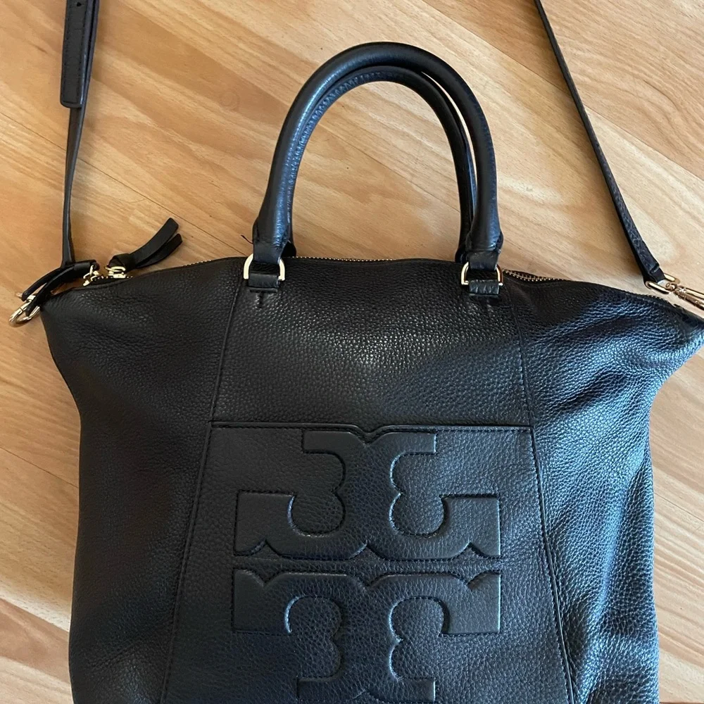 Tory Burch Black Leather Satchel with Top Handles and Crossbody Strap